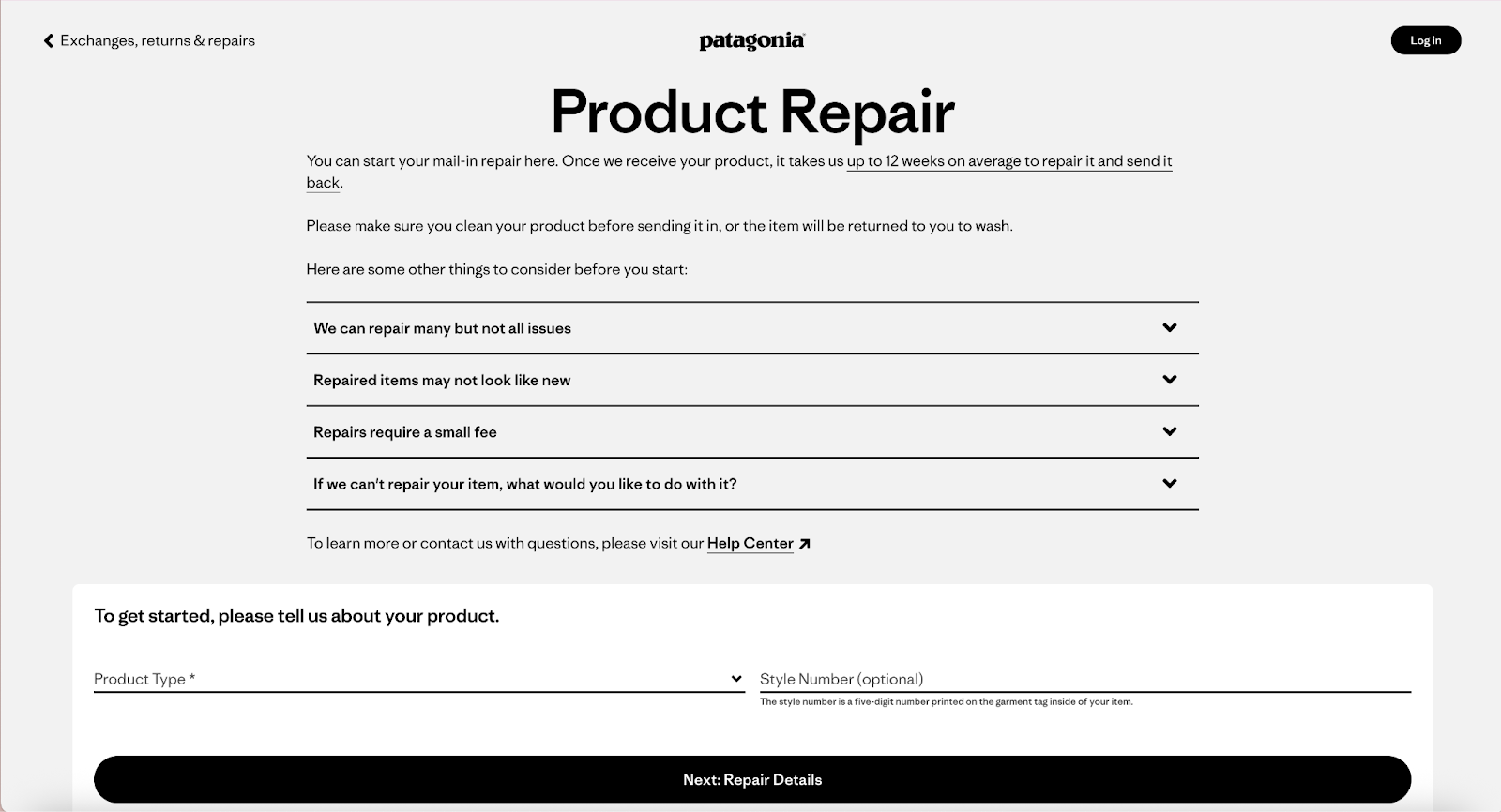 Patagonia's Product Repair Information Page