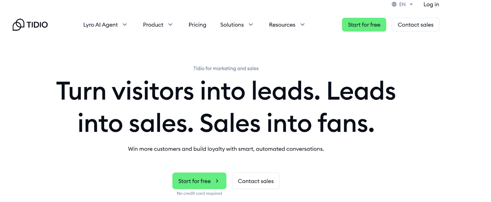 Screenshot of Tidio's landing page, showing a headline "Turn visitors into leads
