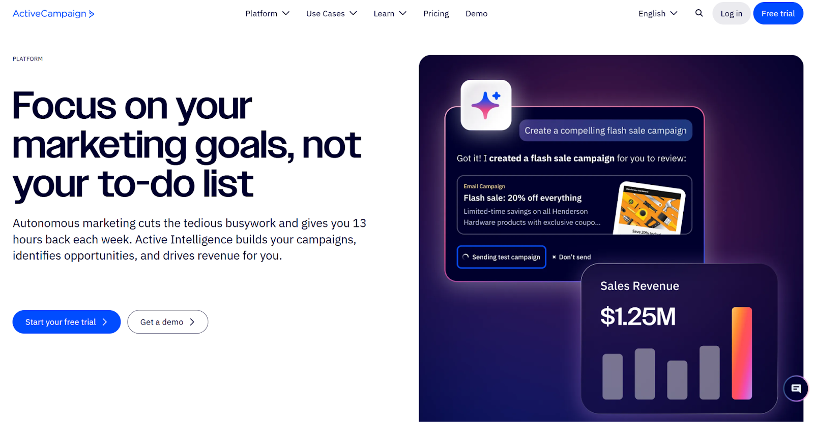 Screenshot of ActiveCampaign landing page, showing a headline "Focus on your marketing goals, not your to-do list"