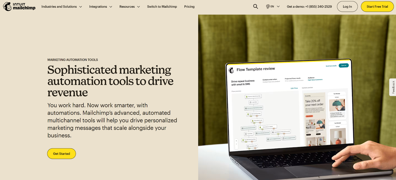 Screenshot of Mailchimp landing page, showing a headline "Sophisticated marketing automation tools to drive revenue"