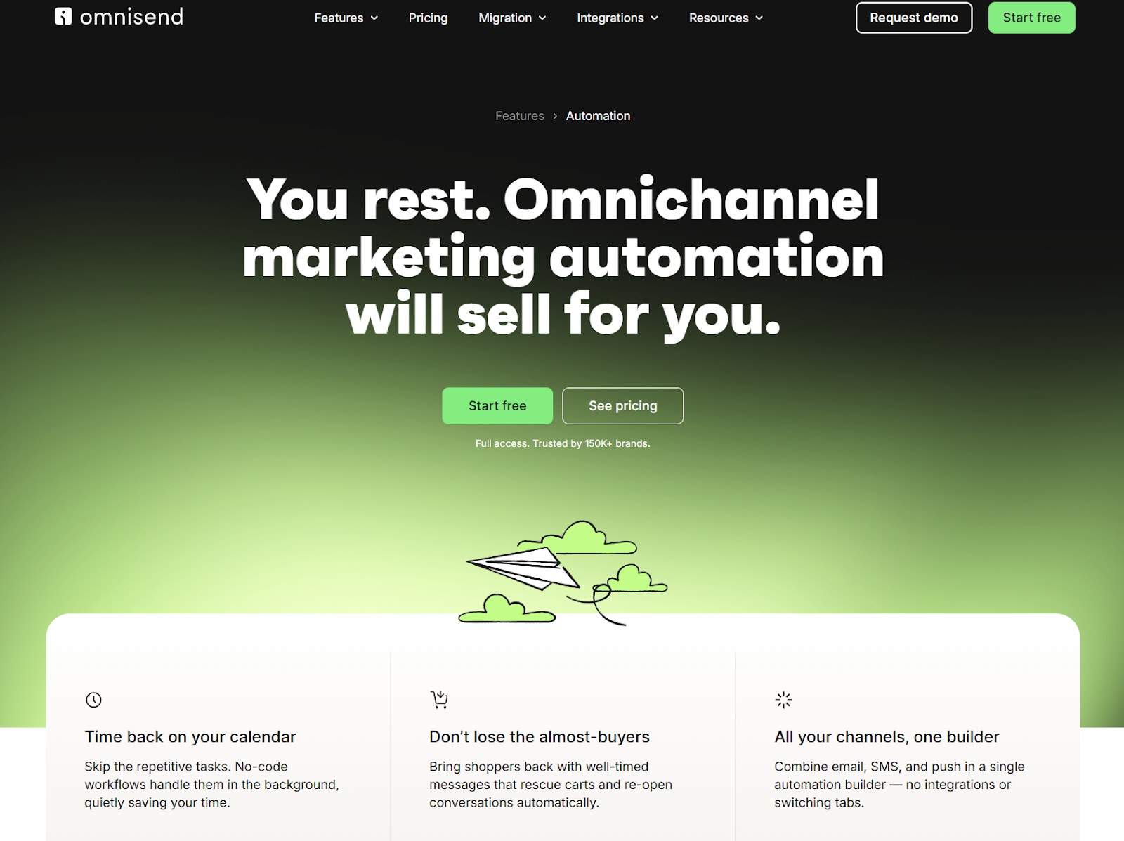 Screenshot of Omnisend landing page, showing a headline "You rest