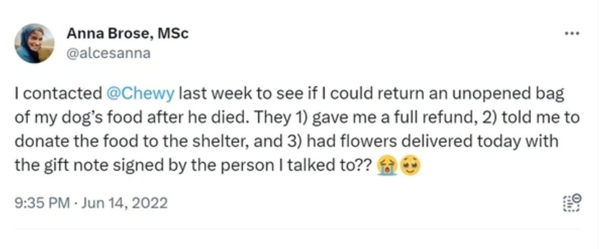 Screenshot of a Tweet from a Chewy Employee