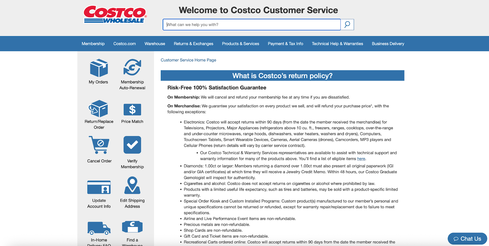 Costco's Customer Service Page