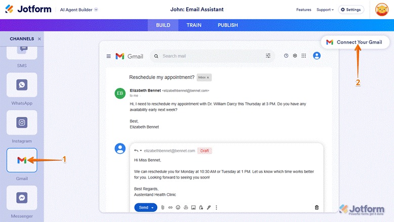 Jotform AI Agent Builder interface with the Gmail channel selected in the left sidebar and a “Connect Your Gmail” button highlighted in the top right corner