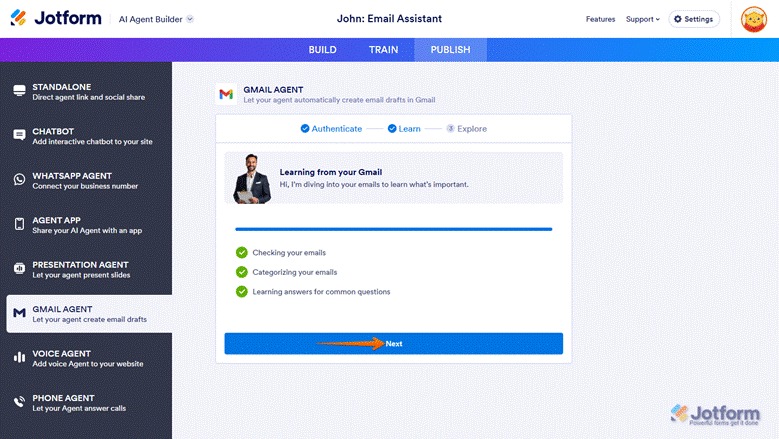 Jotform Gmail Agent setup screen displaying a progress bar while learning from Gmail emails, with status steps and a “Next” button at the bottom