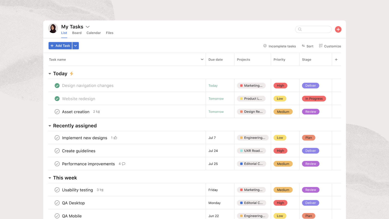 Asana Tasks List View