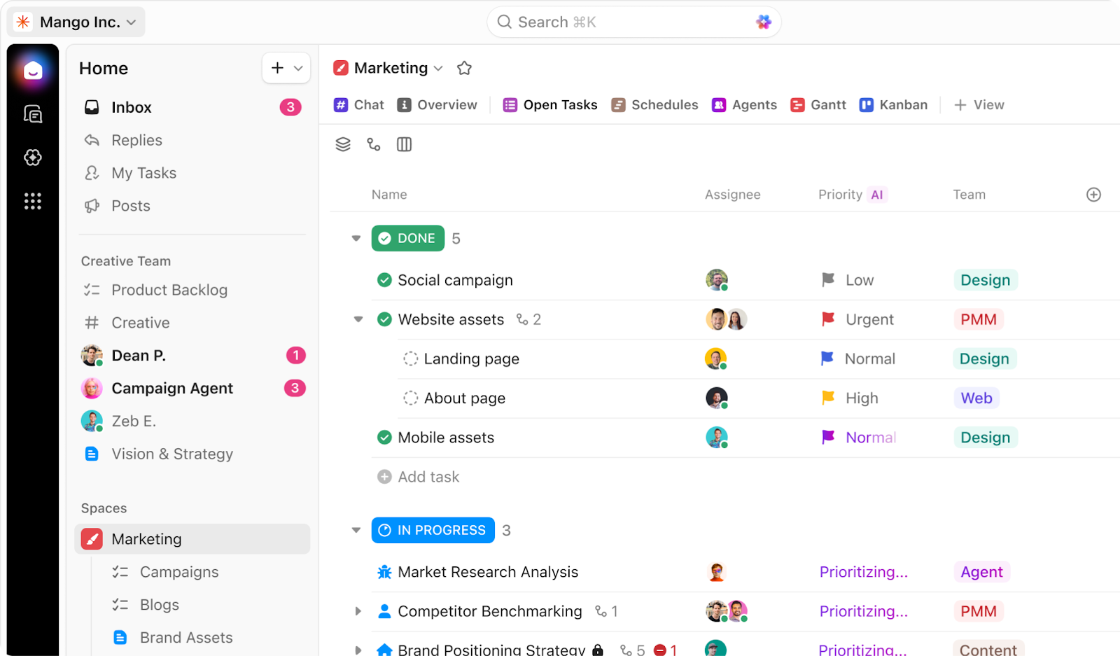 ClickUp Team Spaces and Task Status