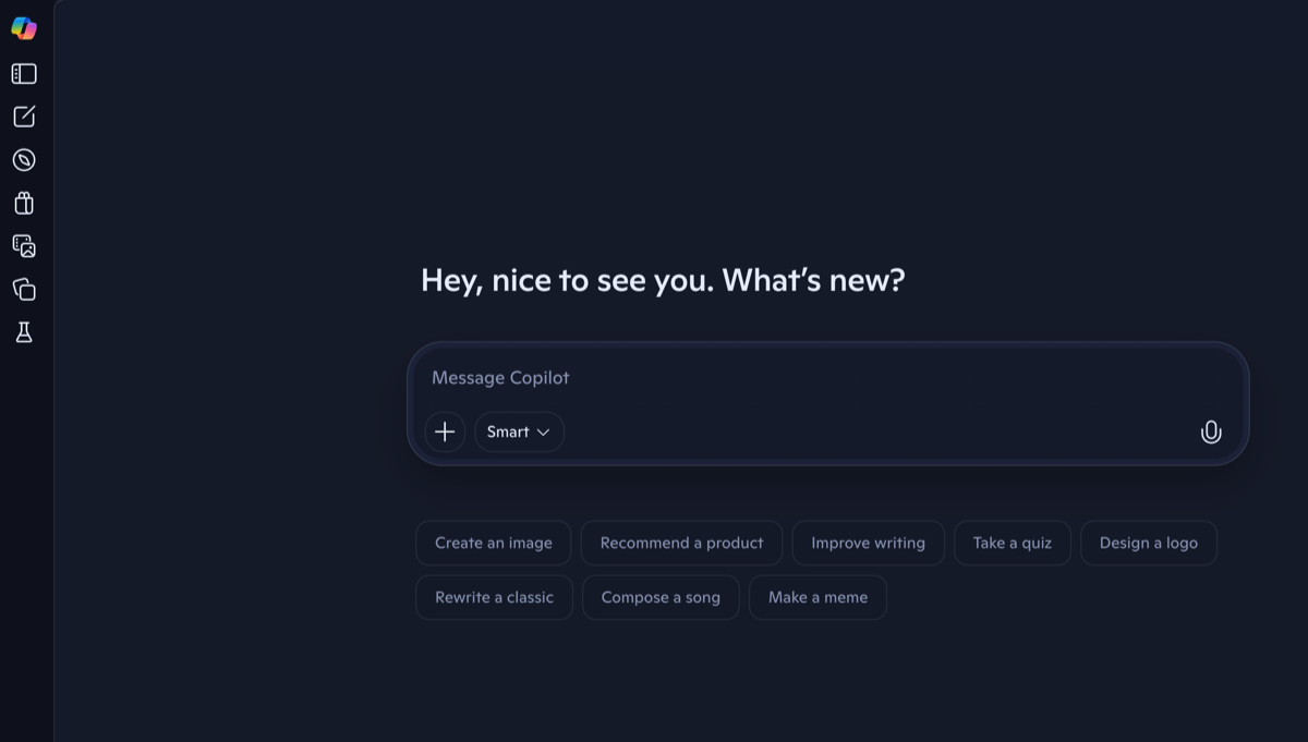 Microsoft Copilot interface showing the prompt box