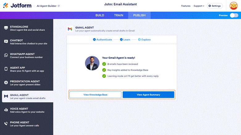 Jotform Gmail Agent dashboard showing setup completion with two buttons: “View Knowledge Base” and “View Agent Summary