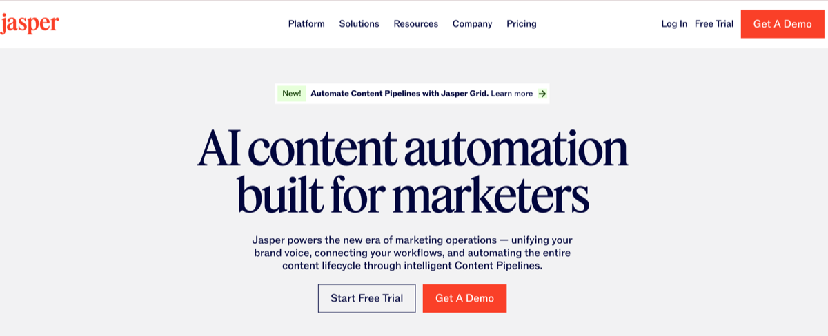 Jasper AI website with the words: "AI content automation built for marketers"
