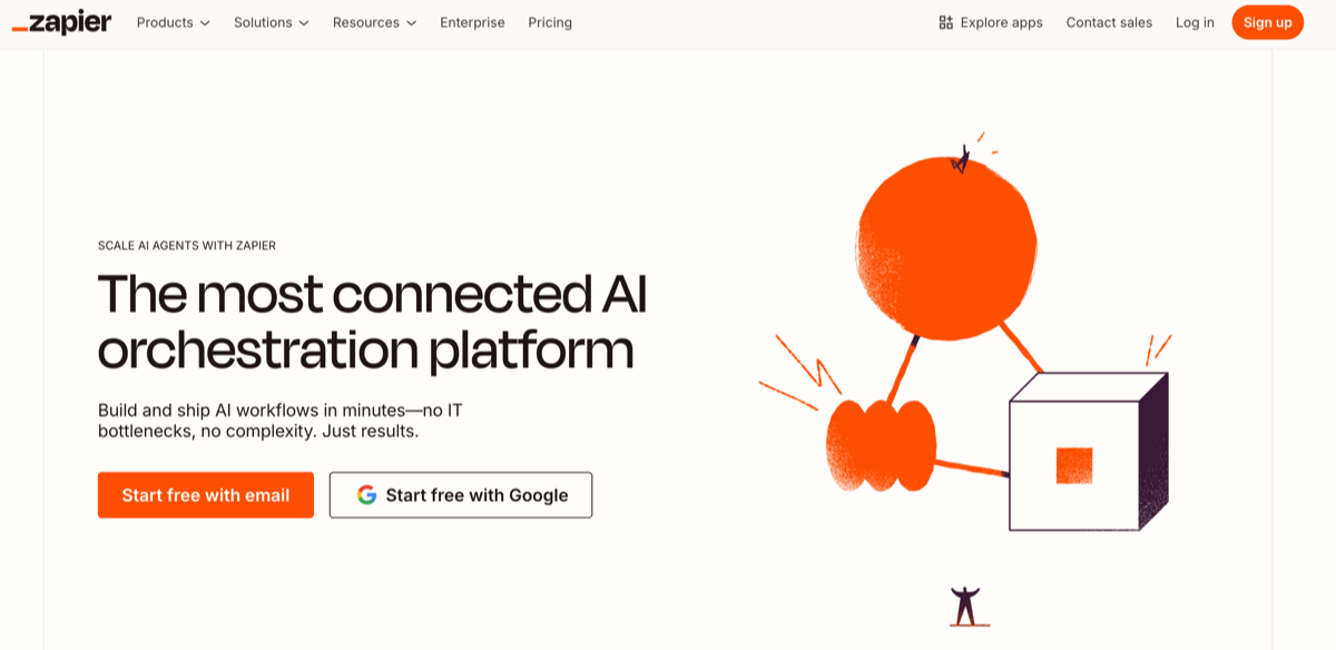 Zapier website with the words: "The most connected AI orchestration platform"