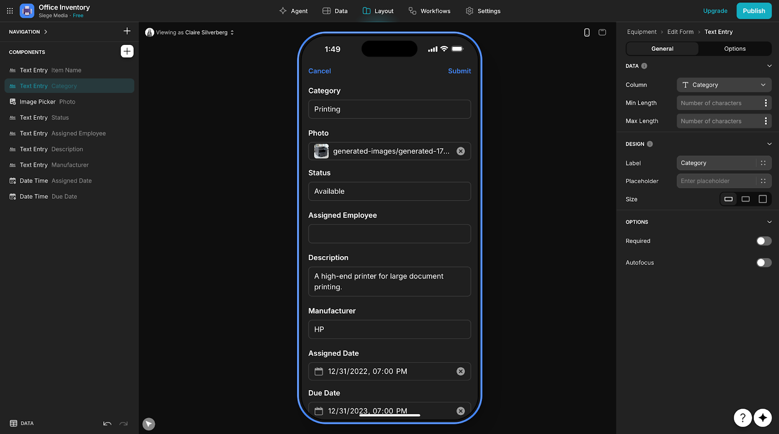 Screenshot of an Office Inventory app being built with Glide, showing various components the user can add and a preview of how the app will look