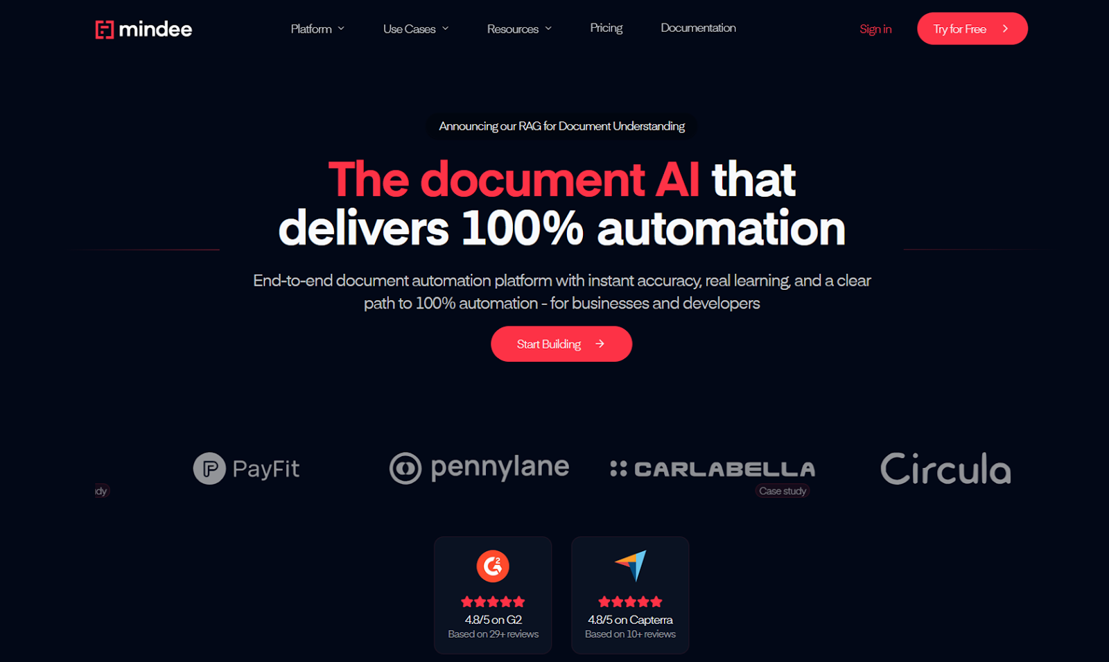 Screenshot of Mindee's landing page, showing a headline "The document AI that delivers 100% automation"