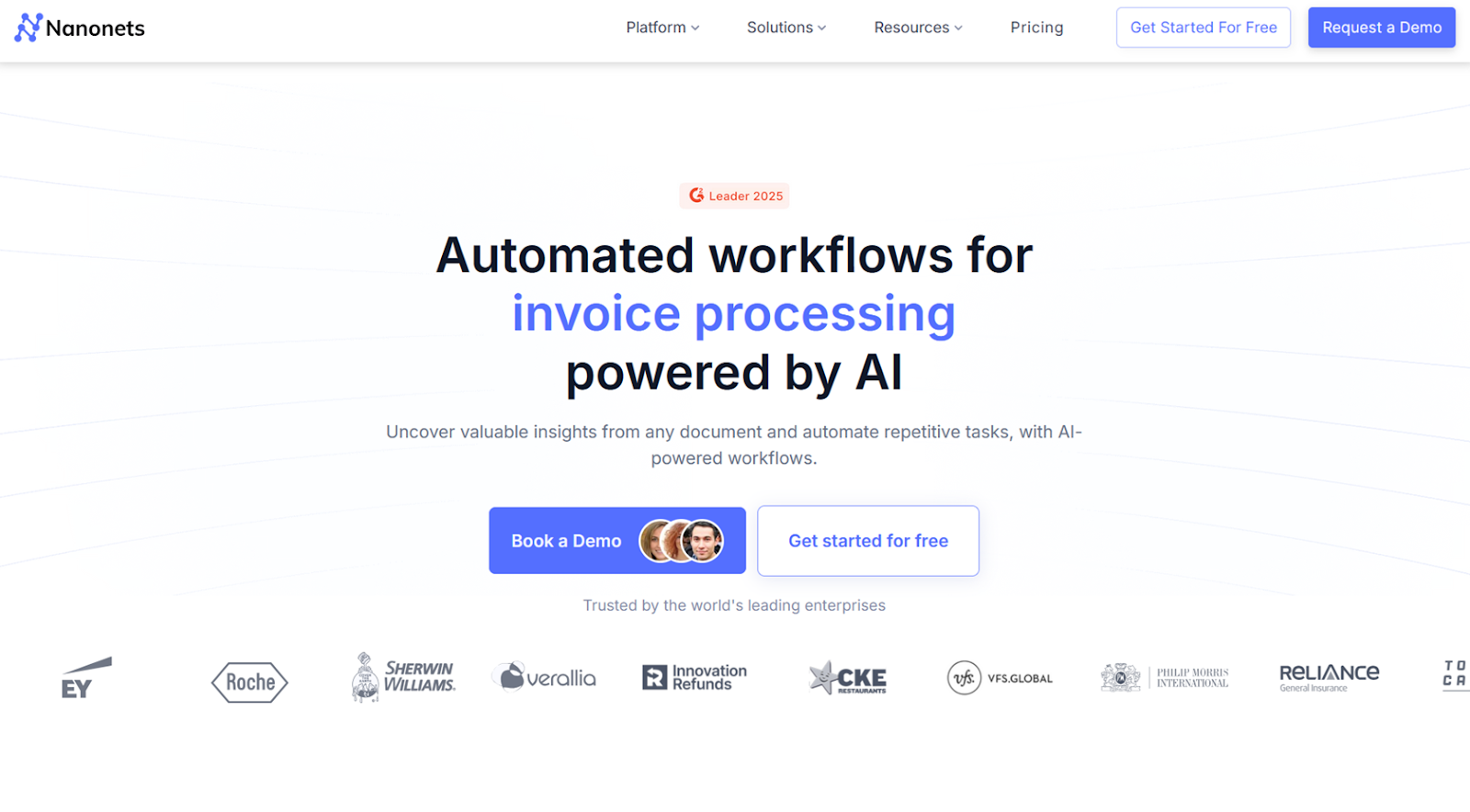 Screenshot of Nanonets' landing page, showing a headline "Automated workflows for invoice processing powered by AI"