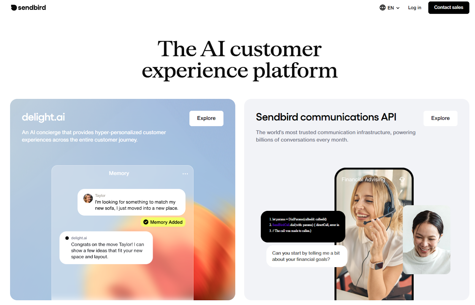 Screenshot of Sendbird landing page showing headline "The AI customer experience platform"