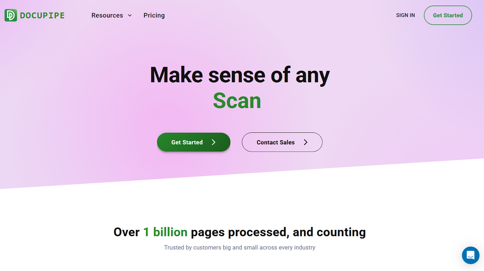 Screenshot of DocuPipe landing page, showing a headline "Make sense of any Scan"
