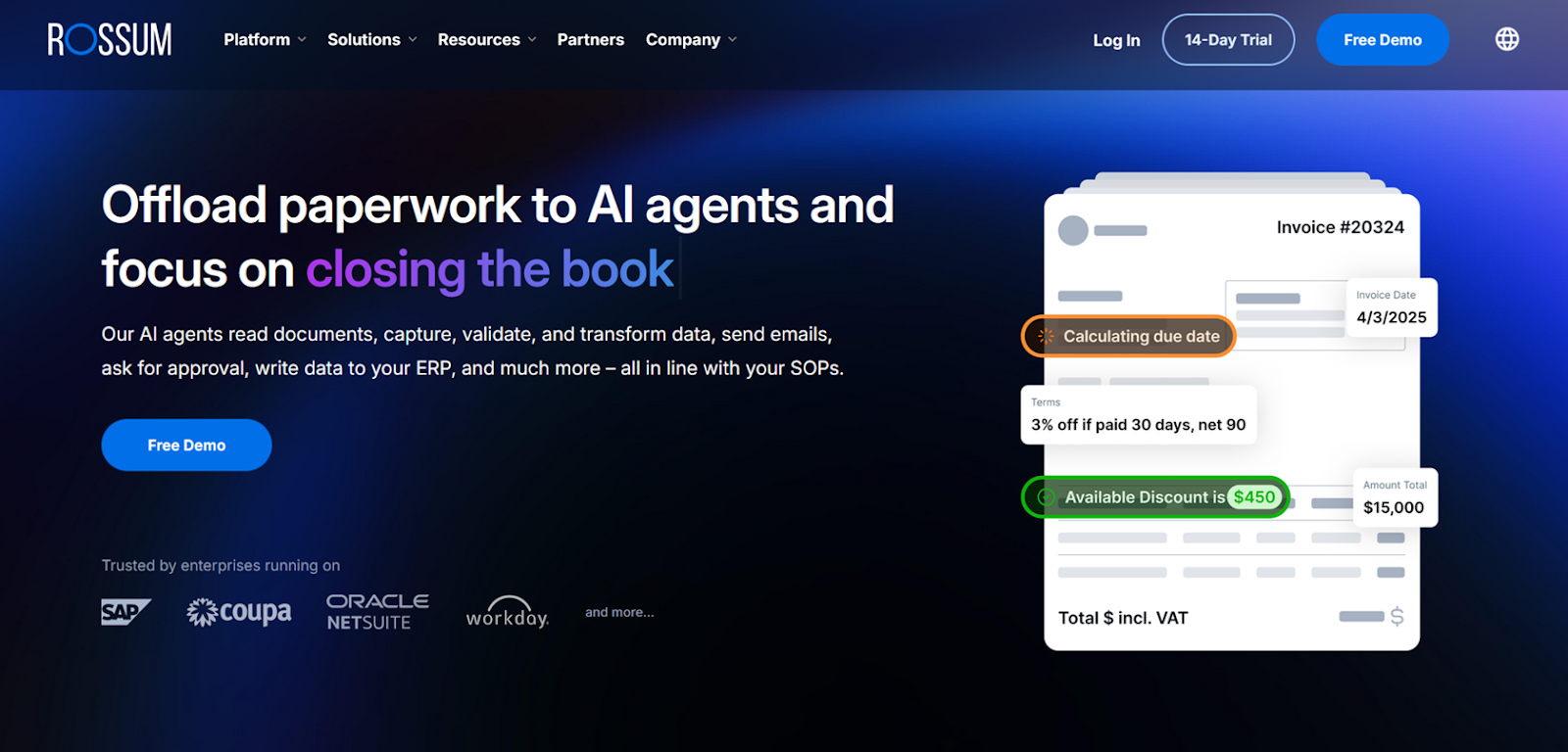 Screenshot of Rossum's landing page, showing a headline "Offload paperwork to AI agents and focus on closing the book"