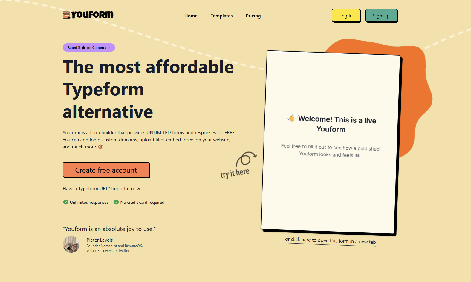 Screenshot of Youform's landing page, showing a headline "The most affordable Typeform alternative"