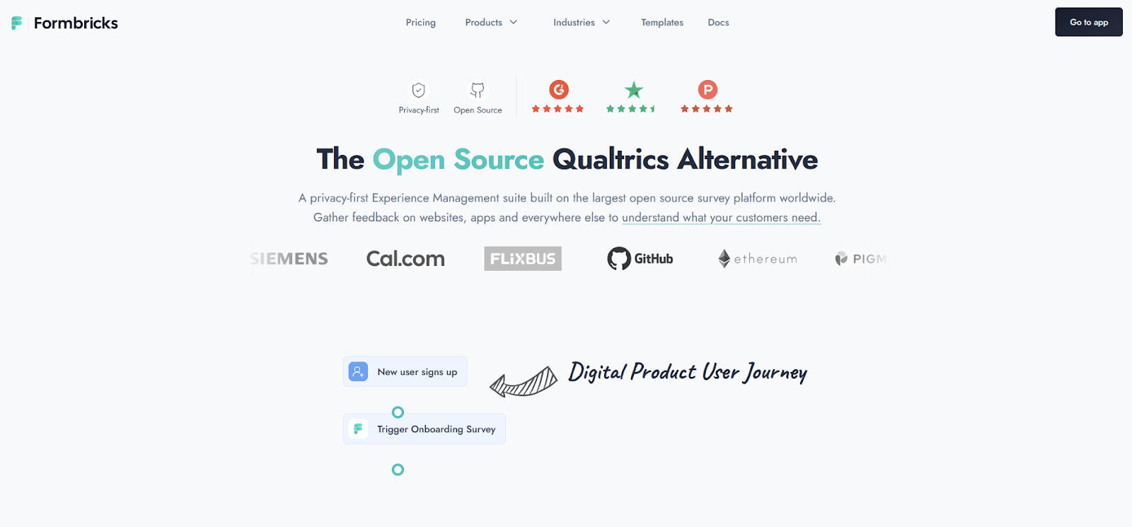 Screenshot of Formbricks' landing page, showing a headline "The Open Source Qualtrics Alternative"