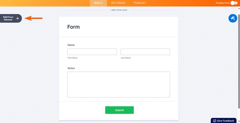 Screenshot of Jotform Form Builder with the “Add Form Element” button highlighted on the left panel next to a basic contact form layout