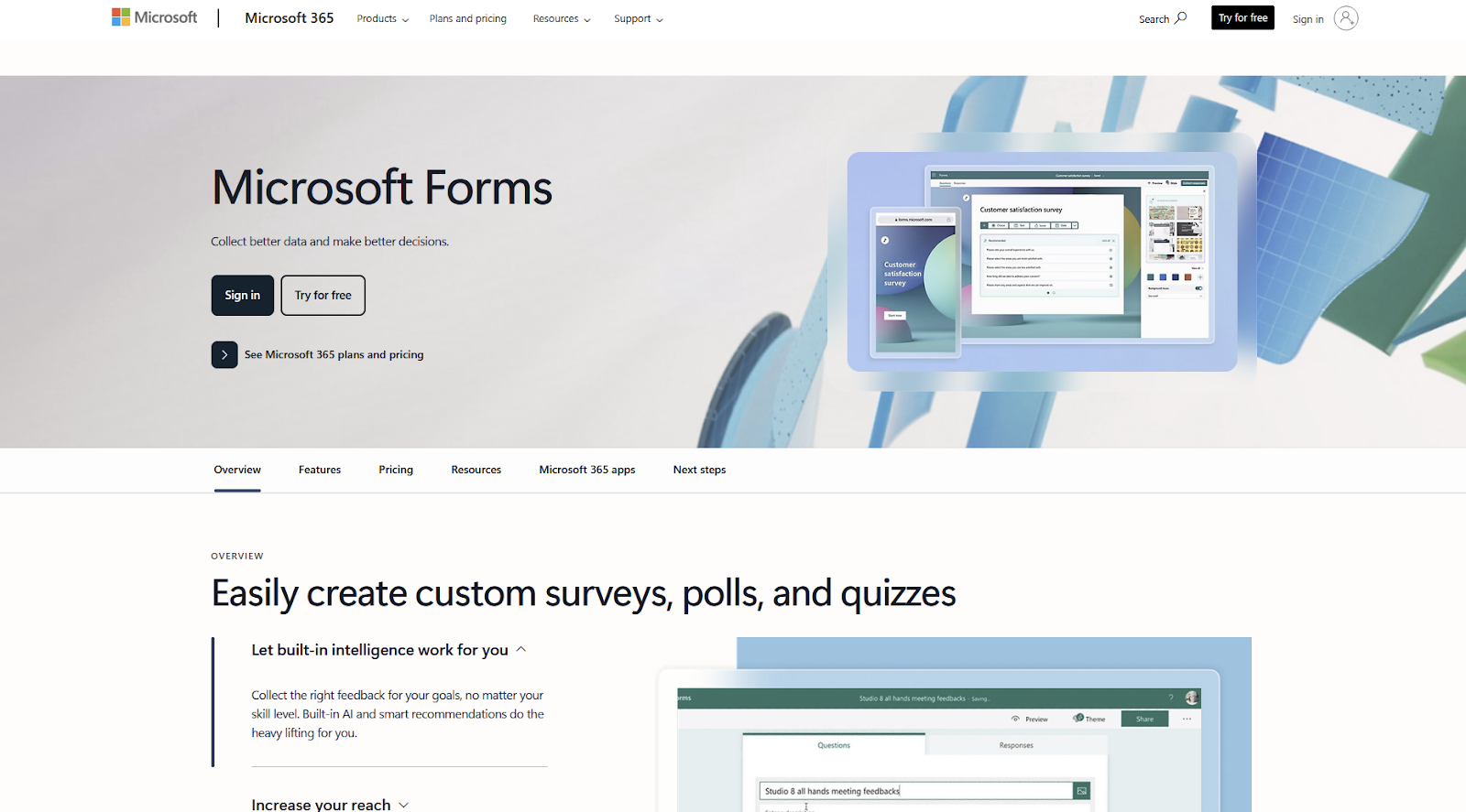 Screenshot of Microsoft Forms' landing page