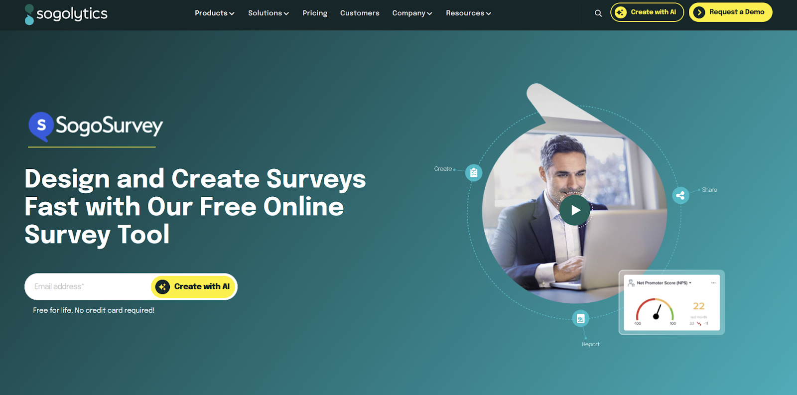 Screenshot of SogoSurvey's landing page, showing a headline "Design and Create Surveys Fast with Our Free Online Survey Tool"