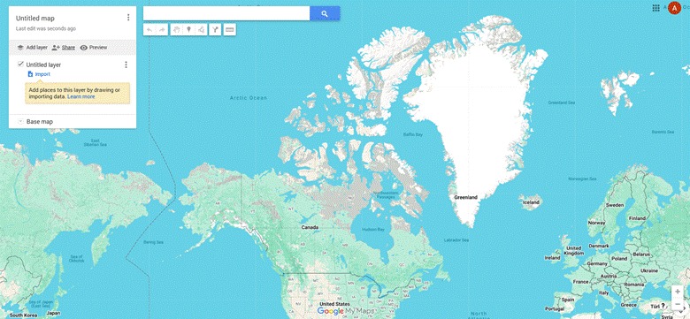 Screenshot of Google My Maps displaying a custom map interface with a world map view and map editing tools in the sidebar