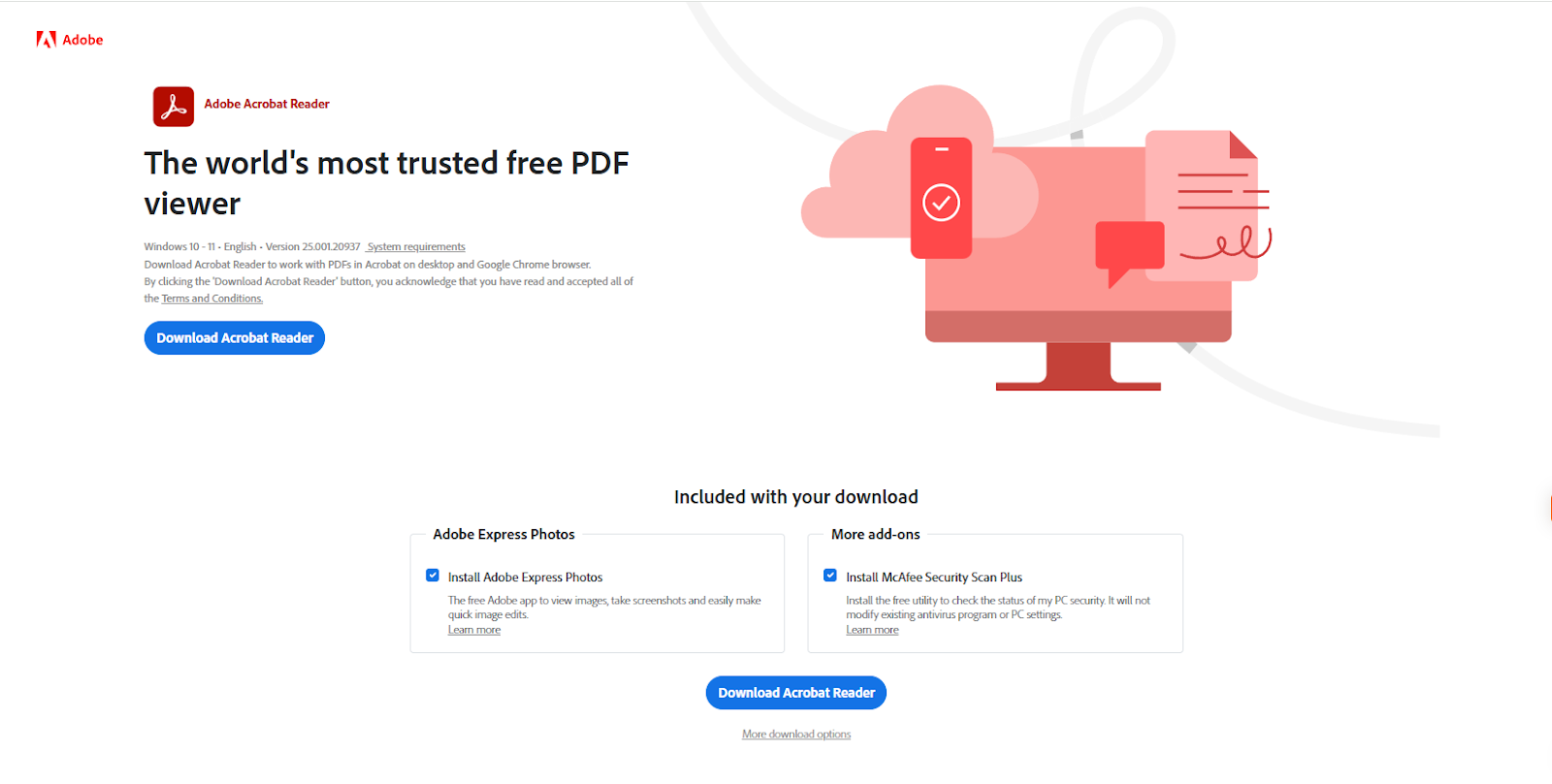 Screenshot of Adobe Acrobat Reader landing page, showing a headline "The world's most trusted free PDF viewer