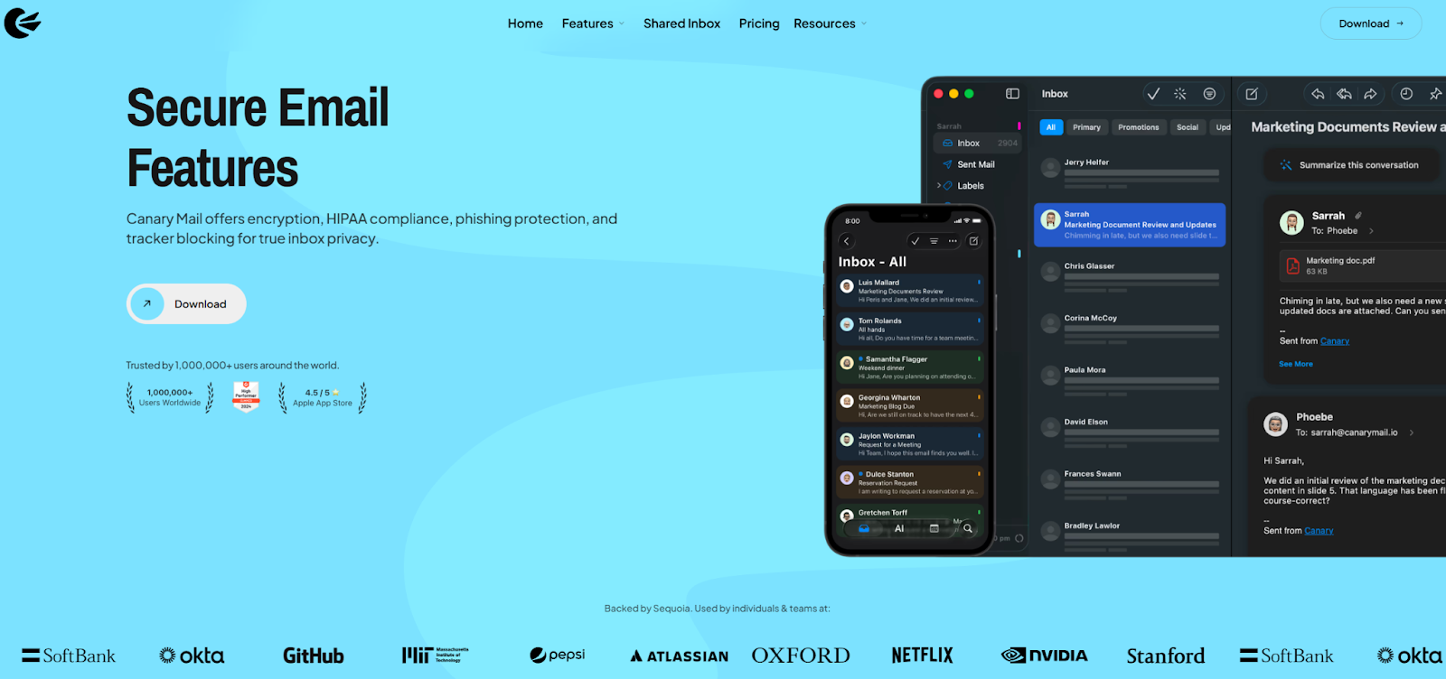 Screenshot from Canary Mail's website showing their most important feature: secure emails