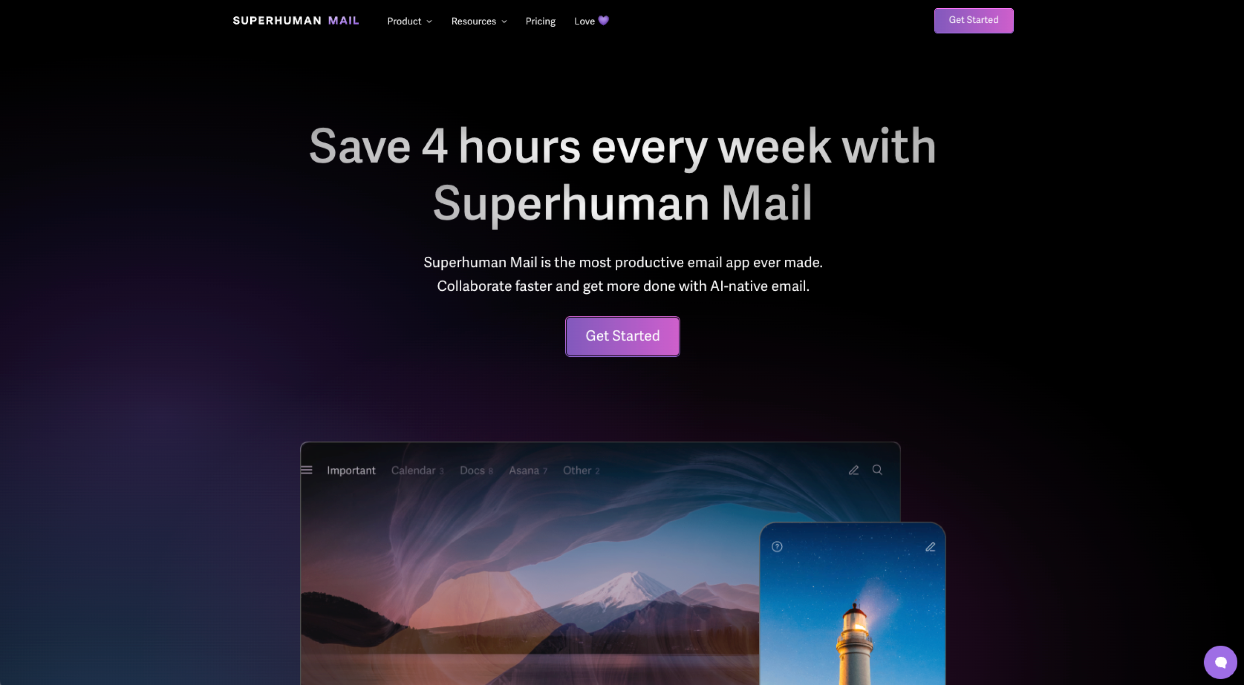 Screenshot from Superhuman's website showing their USP: productivity