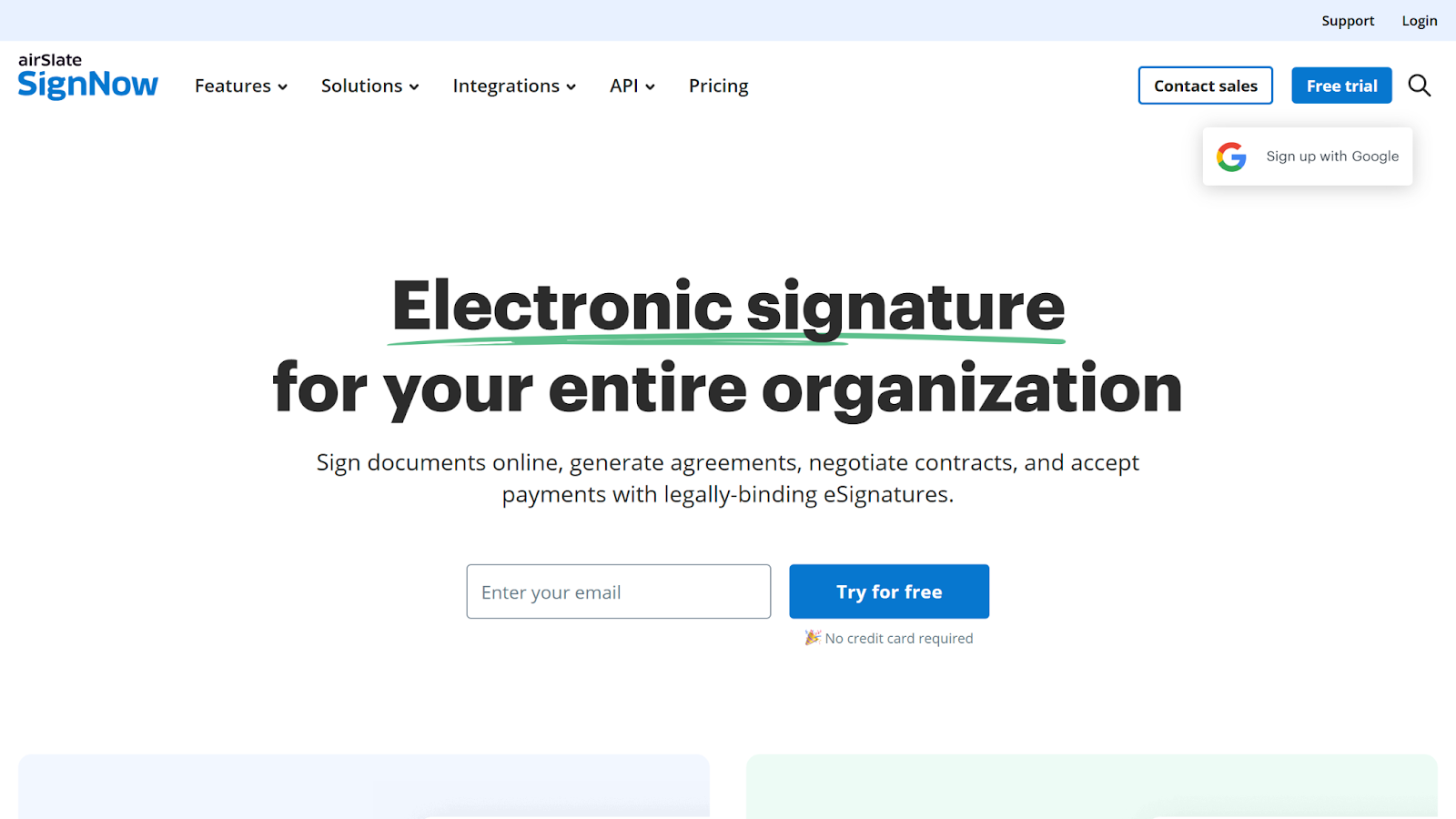 Screenshot of SignNow's landing page, showing a headline "Electronic signature for your entire organization"