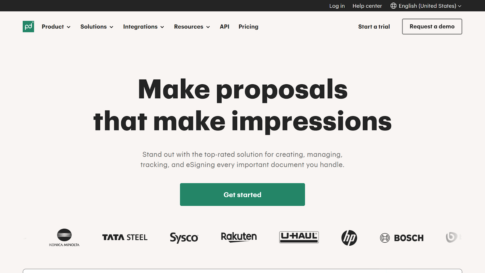 Screenshot of PandaDoc's landing page, showing a headline "Make proposals that make impressions"