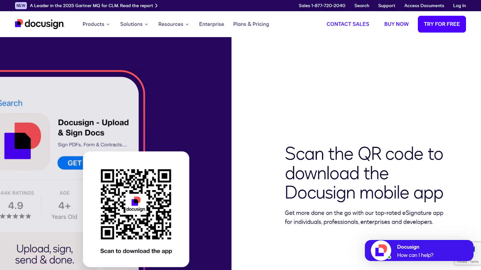 Screenshot of Docusign's landing page, showing a headline "Scan the QR code to download the Docusign mobile app"