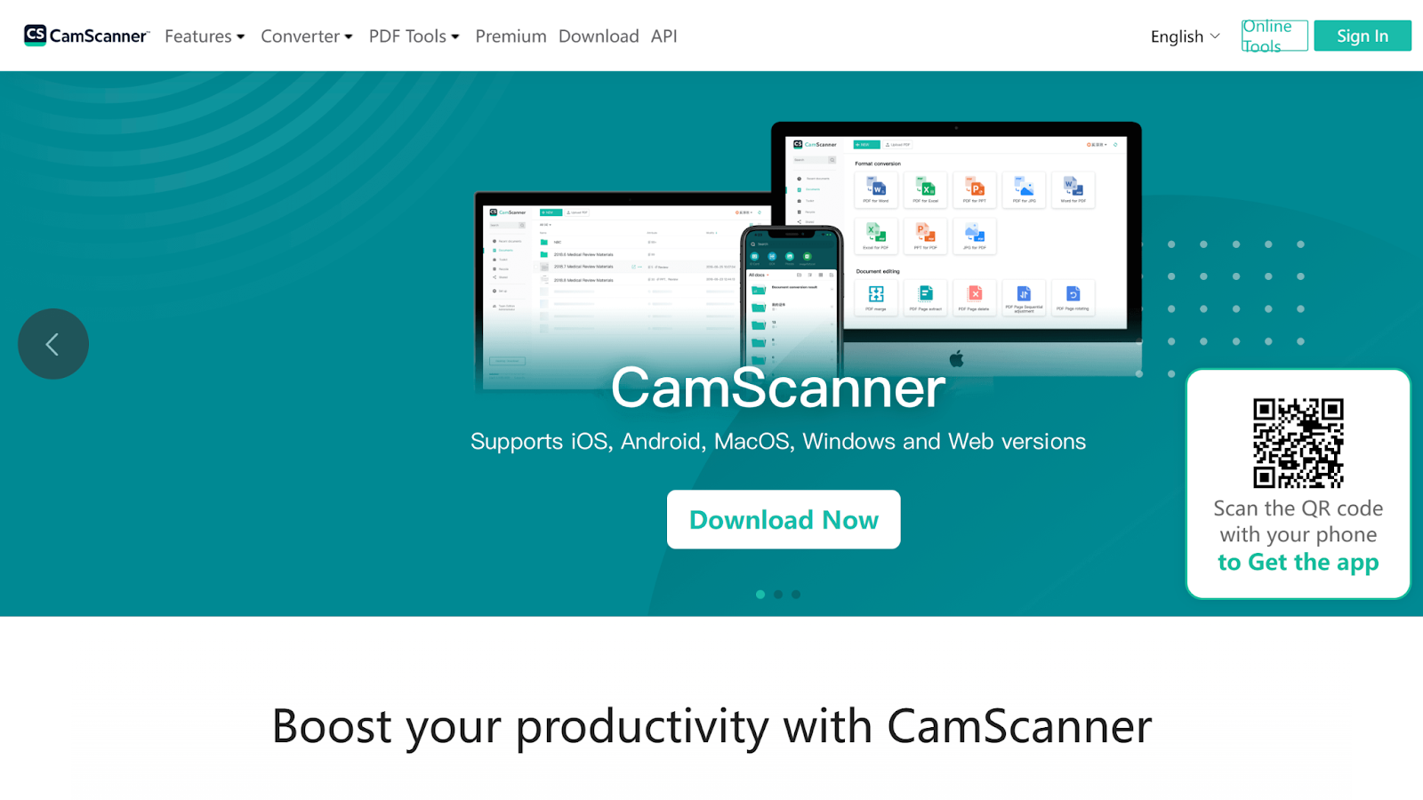 Screenshot of CamScanner's landing page, showing a headline "Boost your productivity with CamScanner"