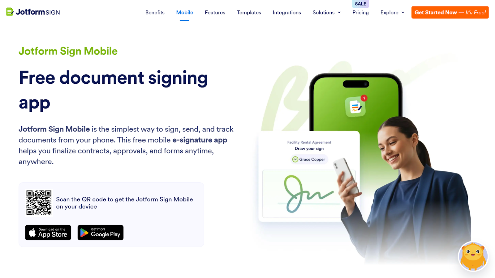 Screenshot of Jotform Sign Mobile's landing page, showing a headline "Free document signing app"