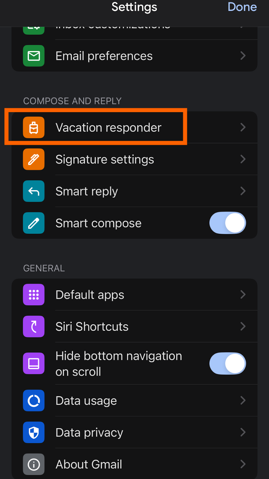 Gmail Settings screen in the mobile app with the “Vacation responder” option highlighted in orange under the Compose and Reply section