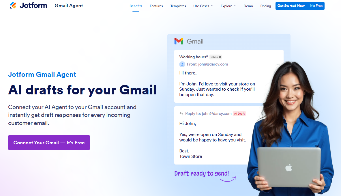 Jotform Gmail Agent landing page showing a headline about AI drafts for Gmail, a Gmail email preview mockup, and a woman holding a laptop beside a “Connect Your Gmail — It’s Free” button