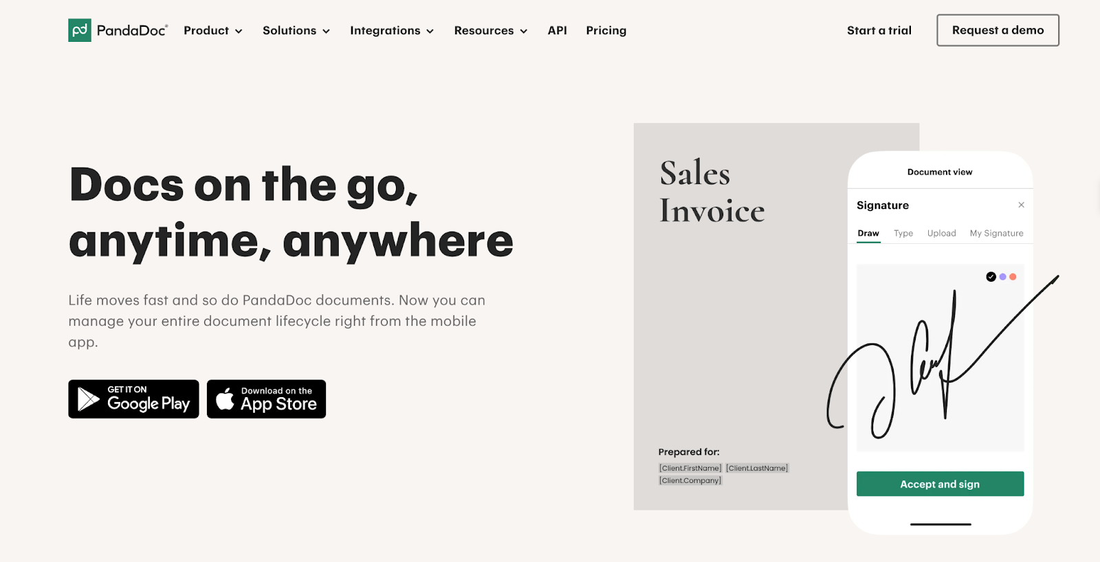 Screenshot of PandaDoc landing page, showing a headline "Docs on the go, anytime, anywhere
