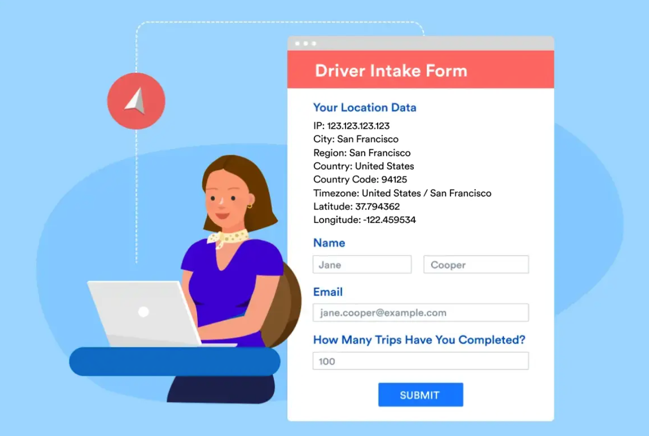 Illustration of a “Driver Intake Form” displaying IP-based location details such as city, region, country, and coordinates above name and email fields, with a person using a laptop nearby