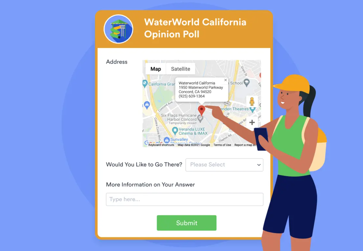 Illustration of a “WaterWorld California Opinion Poll” form displaying a Google Map with a red location pin, address field, dropdown question, and a green Submit button, alongside a person holding a tablet