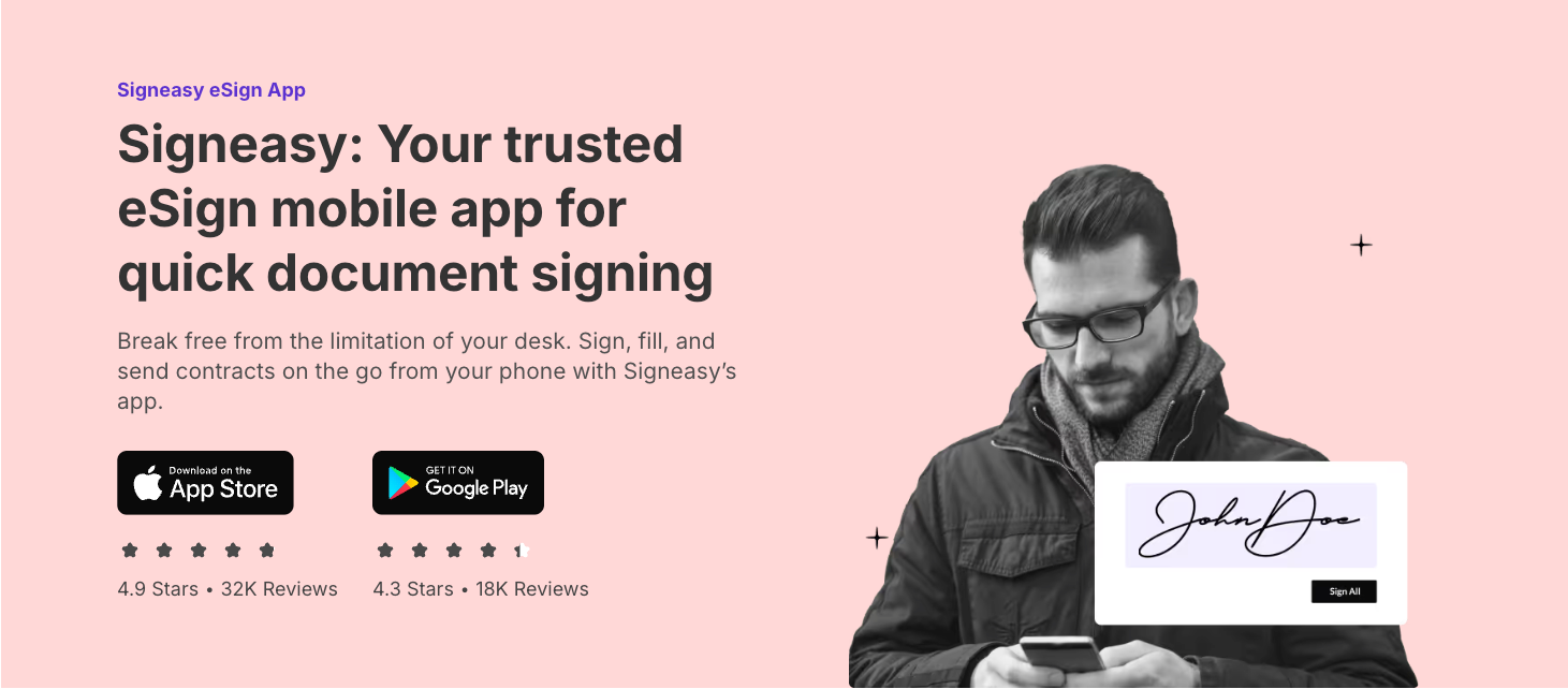 Screenshot of Signeasy landing page, showing a headline "Signeasy: Your trusted eSign mobile app for quick document signing"