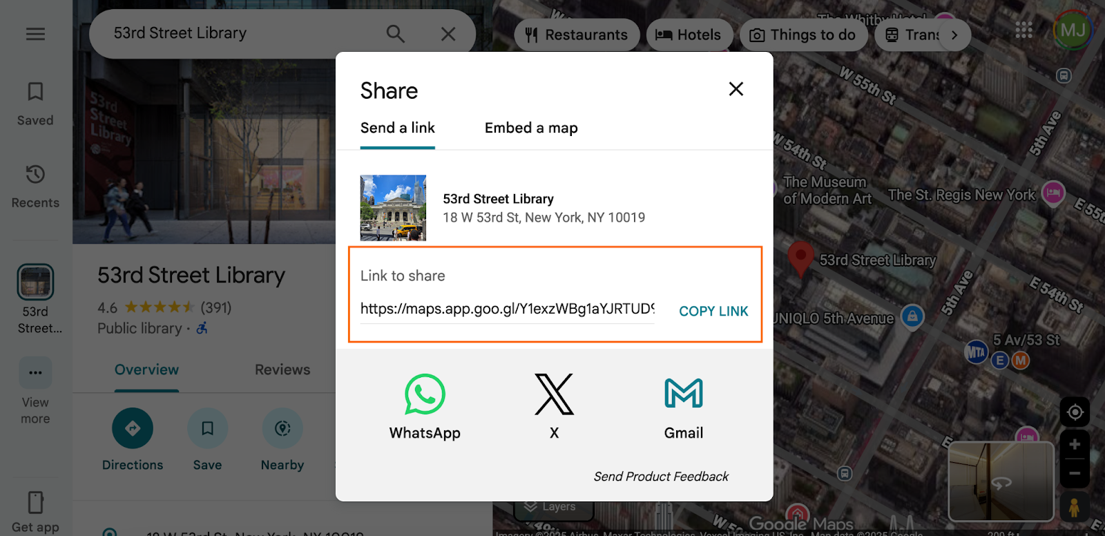 Screenshot of Google Maps with the “Share” dialog open for 53rd Street Library, showing a shortened link highlighted and a “Copy link” button