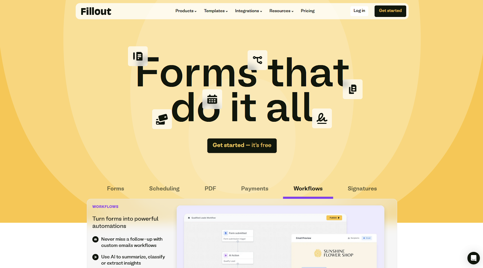 Screenshot of Fillout's landing page, showing a headline "Forms that do it all"