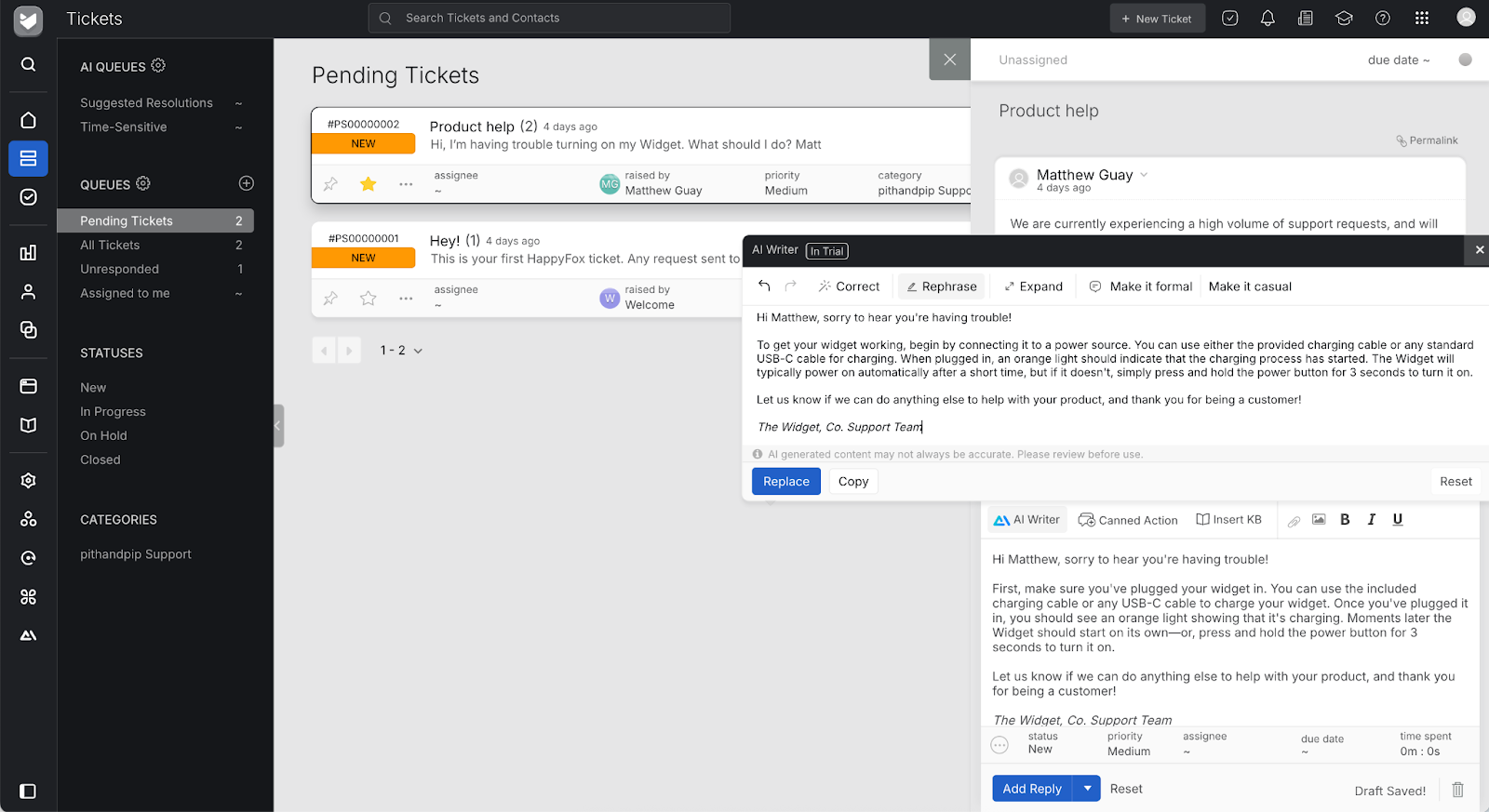 HappyFox has a three-column interface with queues, tickets, and discussions all visible together