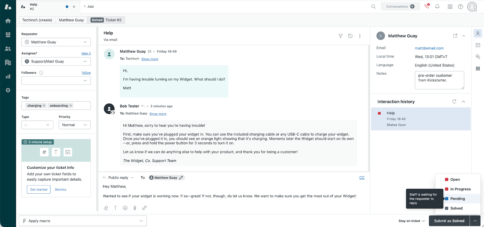 Zendesk keeps the focus on tickets with a full-window view of a single discussion