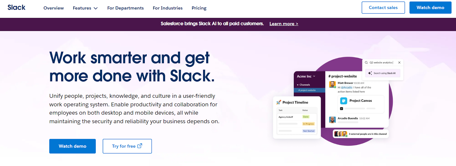 Slack website with the words: "Work smarter and get more done with Slack"