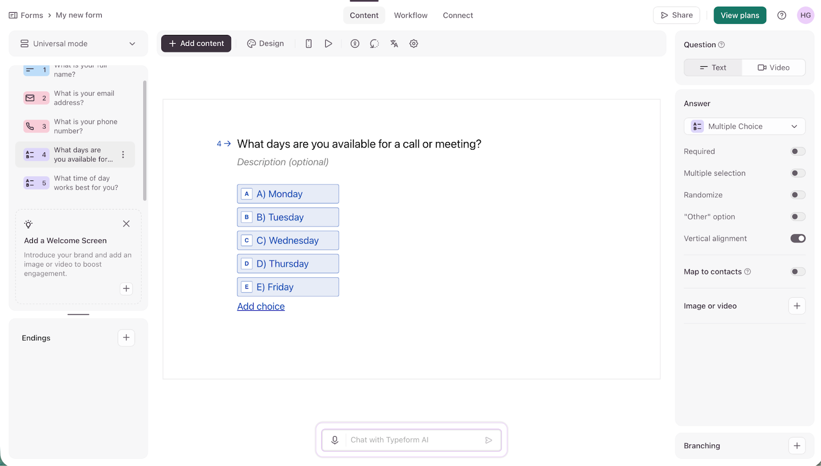 Screenshot of a Typeform interface shows a question about availability for calls with multiple-choice weekday options