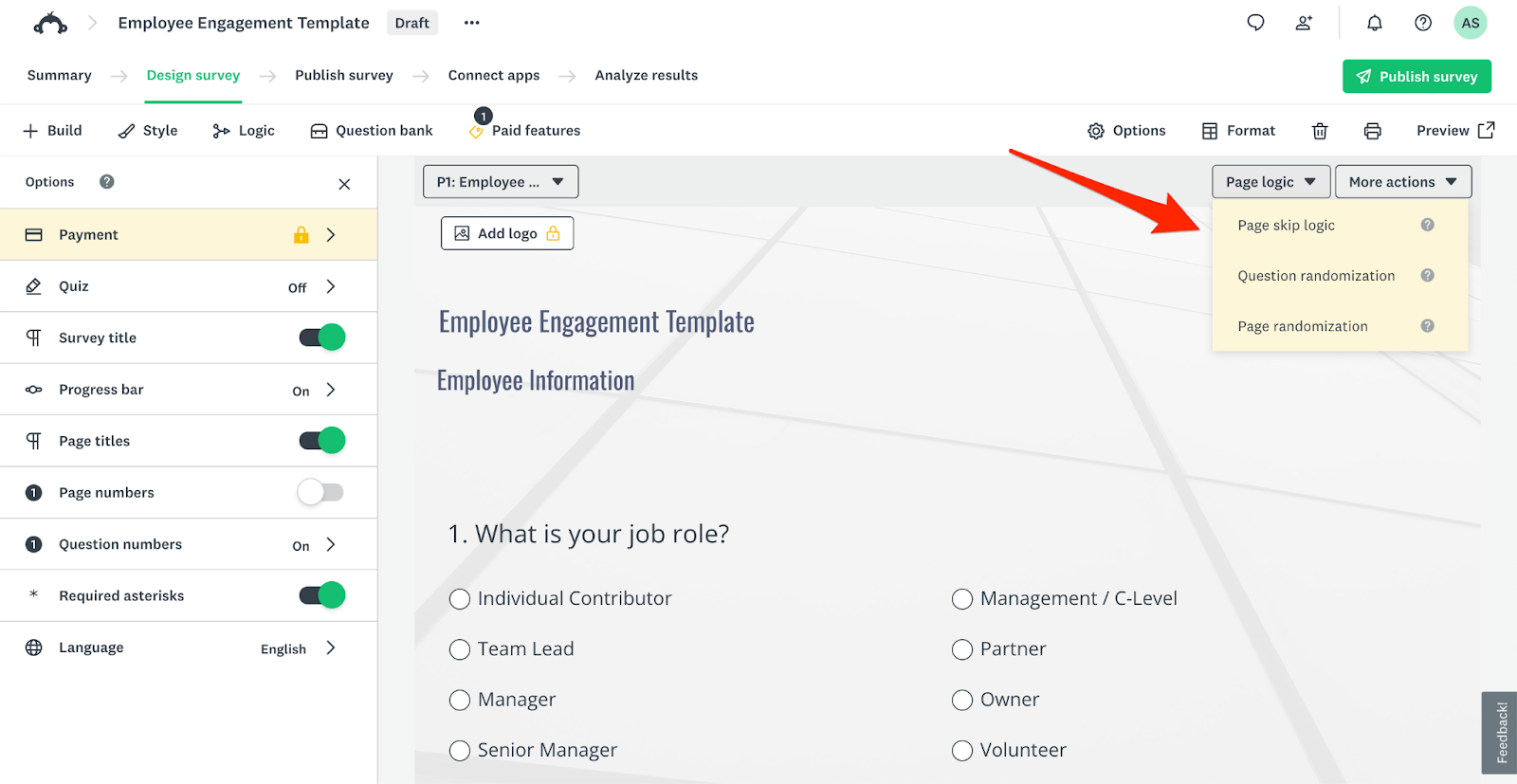 SurveyMonkey Survey Builder More Actions Dropdown Page Skip Logic Option