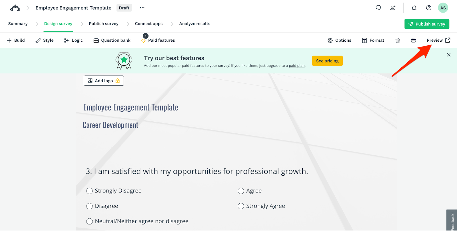 SurveyMonkey Survey Builder Preview Button