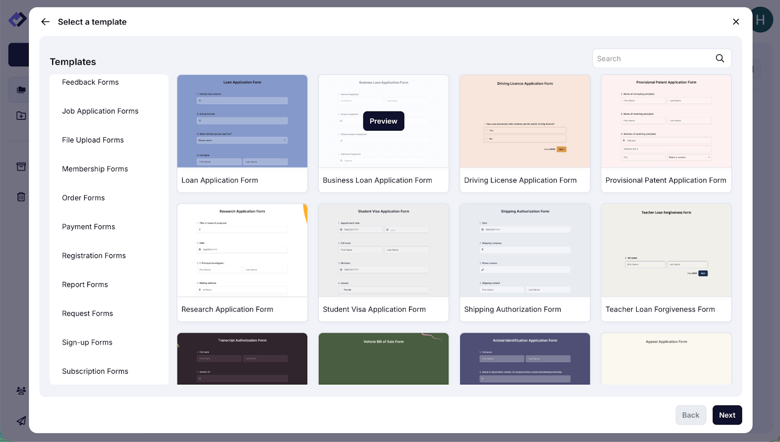 Grid of form templates on forms